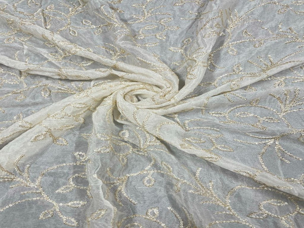 White & Golden Floral Dyeable Embroidered Chiffon Fabric