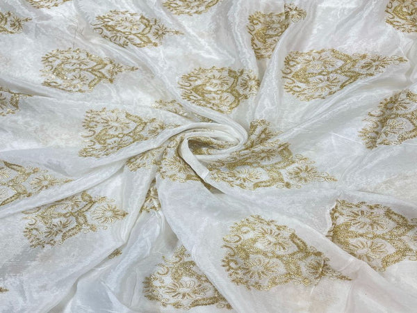 White & Golden Traditional Dyeable Embroidered Chiffon Fabric