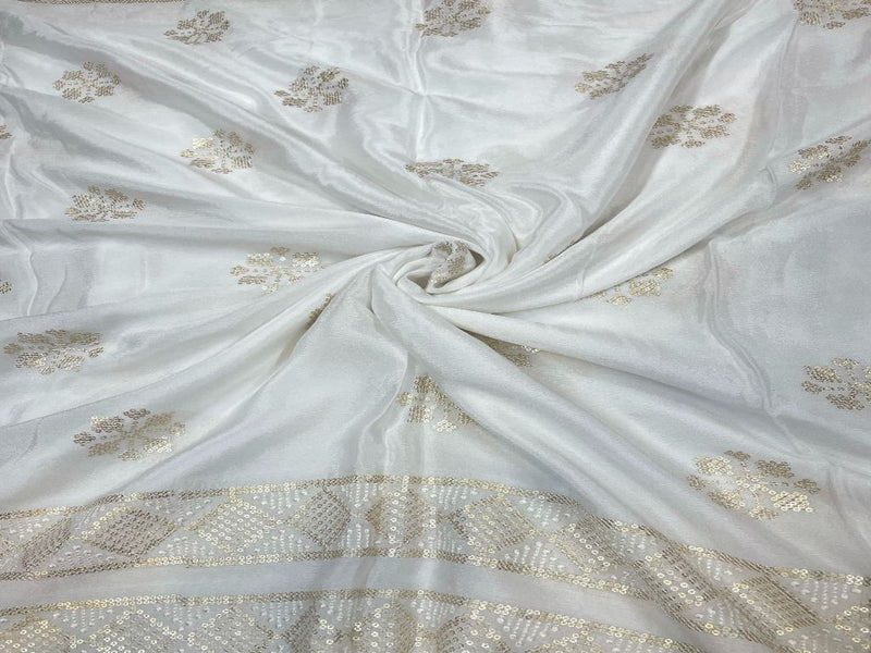 Dyeable Embroidered Chiffon White Golden Floral With Borders