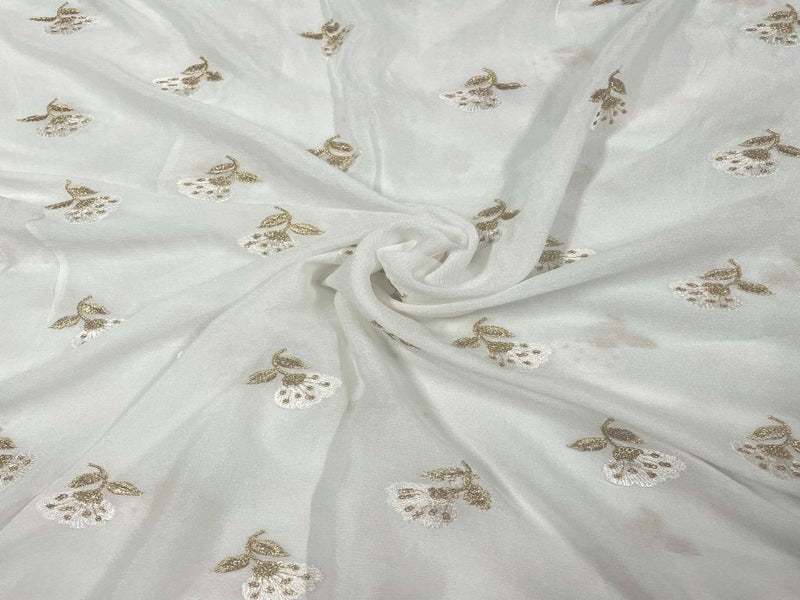Dyeable Embroidered Chiffon White Floral Motif