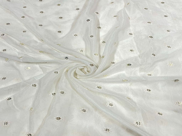 White & Silver Dyeable Embroidered Chiffon Fabric