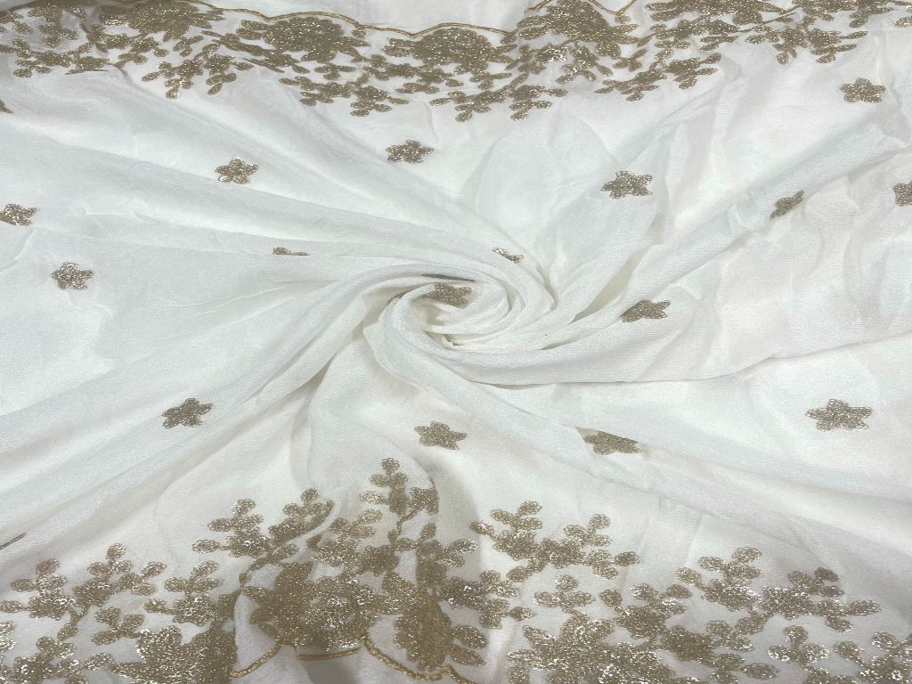 White & Golden Traditional Dyeable Embroidered Chiffon Fabric