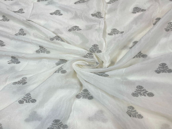 White & Silver Motifs Dyeable Embroidered Chiffon Fabric