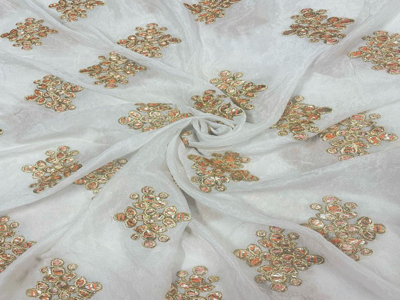 White & Orange Motifs Dyeable Embroidered Chiffon Fabric