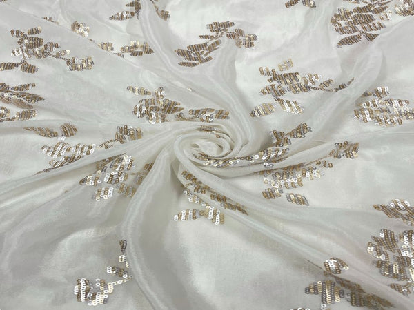 White & Golden Motifs Dyeable Embroidered Chiffon Fabric