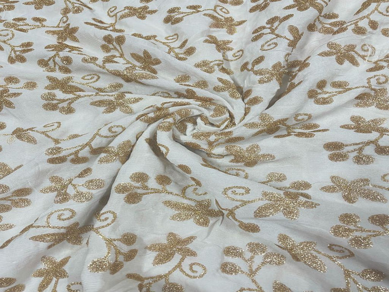 Dyeable Embroidered Chiffon White Golden Floral