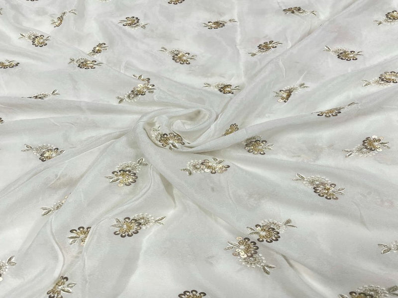 Dyeable Embroidered Chiffon White Golden Floral Motifs