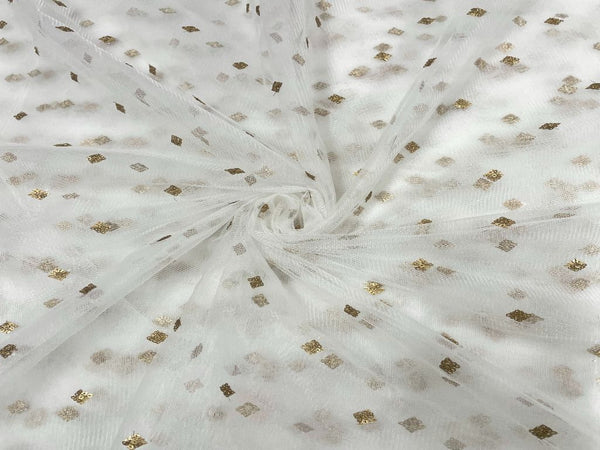 White & Golden Motifs Dyeable Embroidered Net Fabric