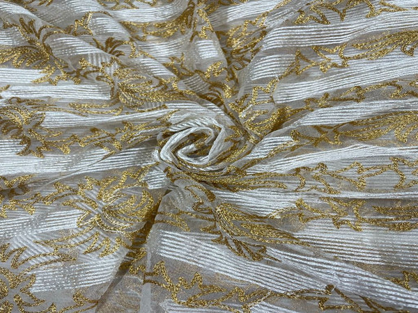 White & Golden Traditional Dyeable Embroidered Net Fabric