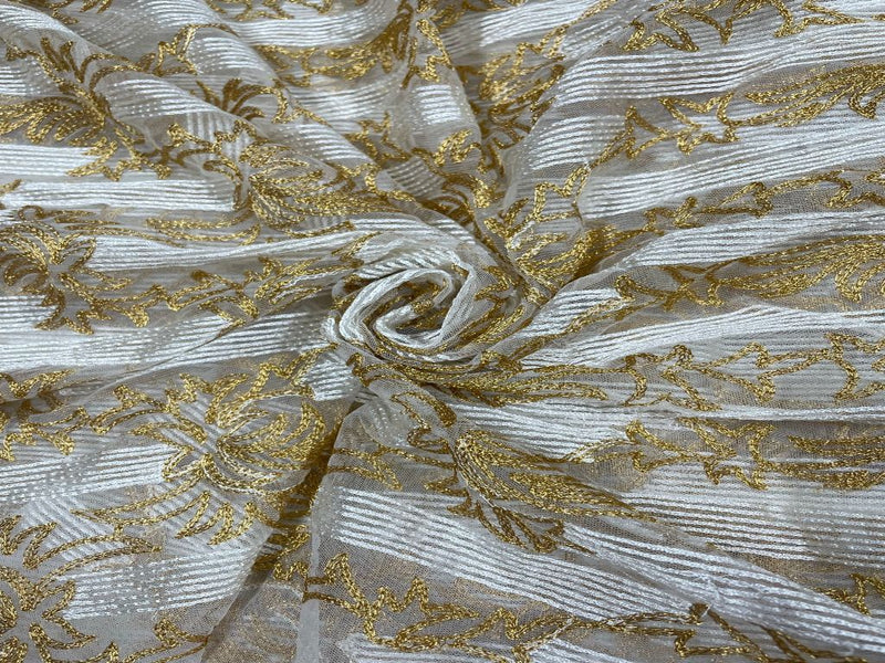 Dyeable Embroidered Net White Stripes Golden Floral
