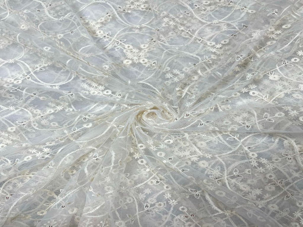 White Traditional Dyeable Embroidered Net Fabric