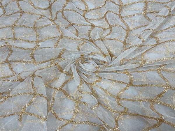 White & Golden Wavy Dyeable Embroidered Net Fabric