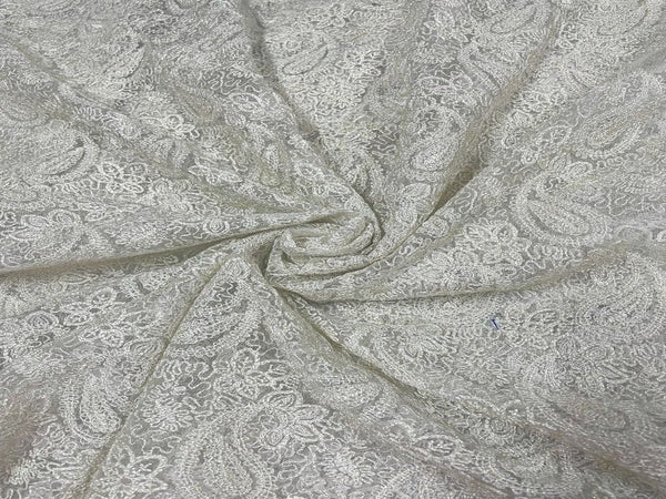 White Paisley Dyeable Embroidered Net Fabric