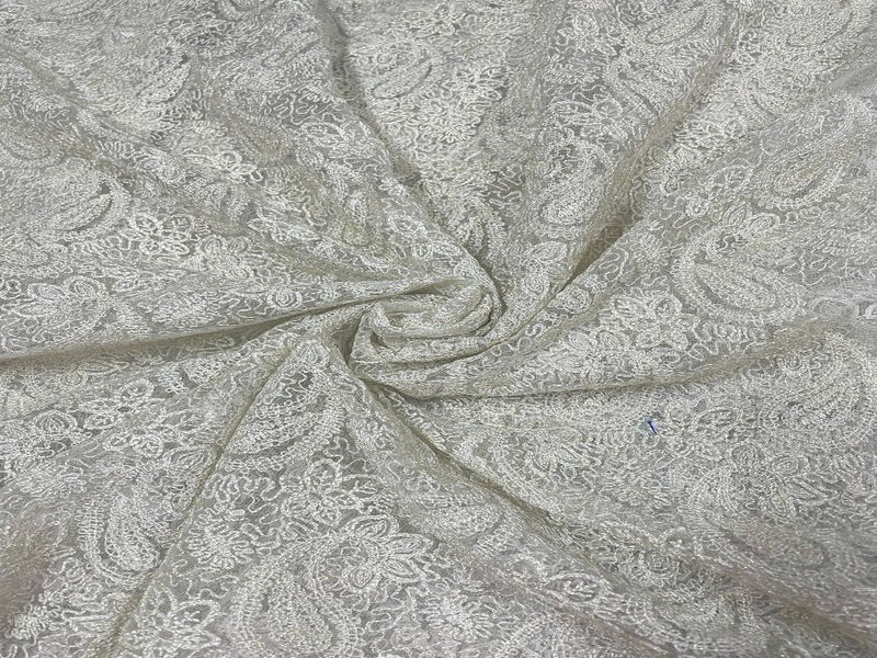 White Paisley Dyeable Embroidered Net Fabric