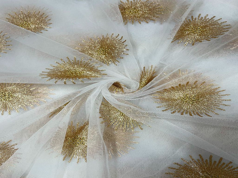 Dyeable Embroidered Net White Golden Flowers