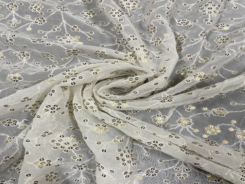 Dyeable Embroidered Georgette White Golden Floral