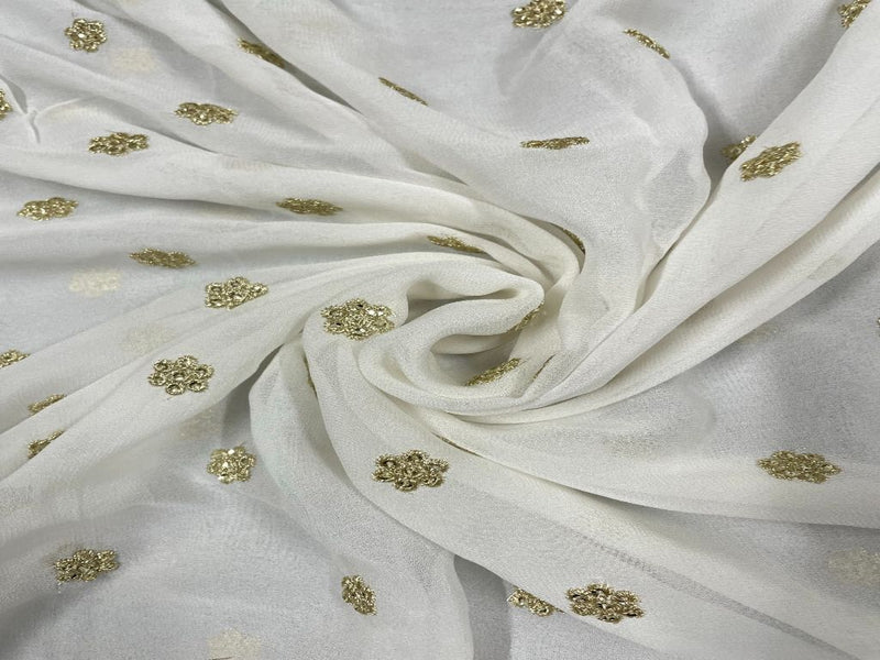 Dyeable Embroidered Georgette White Golden Floral Motifs