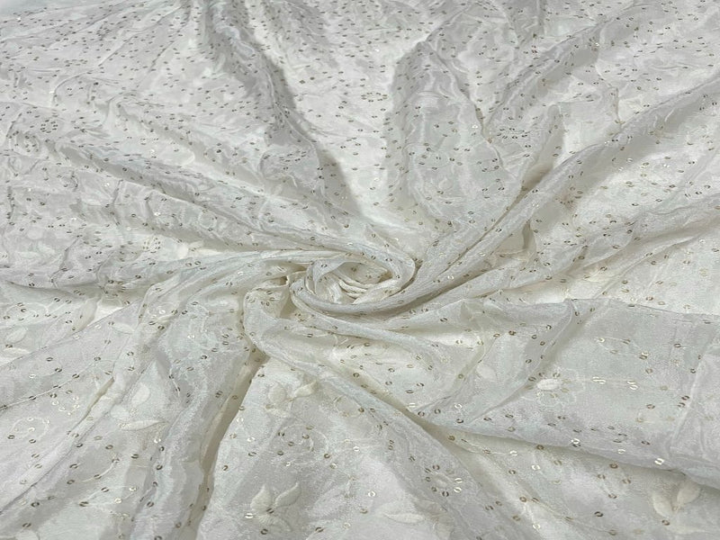 White & Silver Floral Dyeable Embroidered Chiffon Fabric