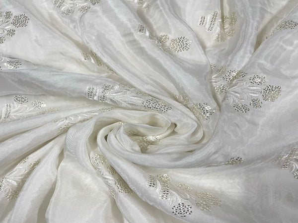 White & Silver Floral Dyeable Embroidered Upada Silk Fabric