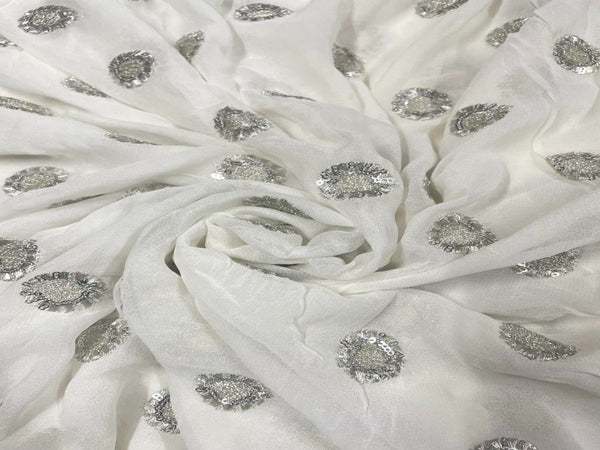 White & Silver Motifs Dyeable Embroidered Georgette Fabric
