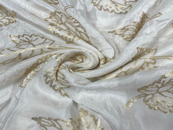 White & Golden Motifs Dyeable Embroidered Upada Silk Fabric