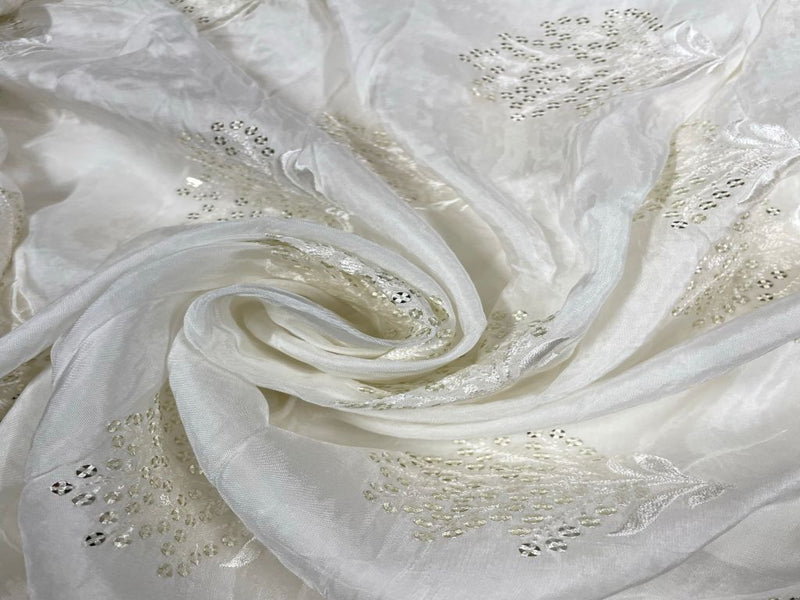Dyeable Embroidered Upada Silk White Silver Flowers