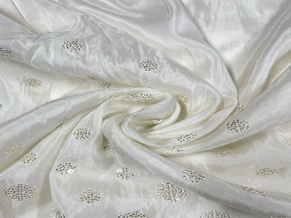 White & Silver Motifs Dyeable Embroidered Upada Silk Fabric