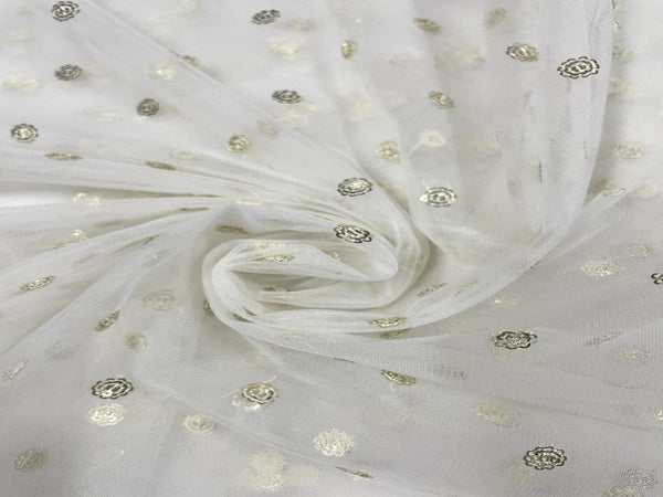 White & Golden Floral Dyeable Embroidered Net Fabric
