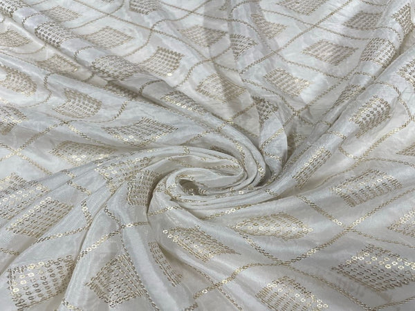 White & Golden Geometric Dyeable Embroidered Upada Silk Fabric