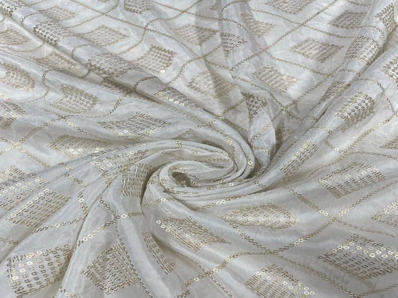 Dyeable Embroidered Upada Silk White Golden Geometric