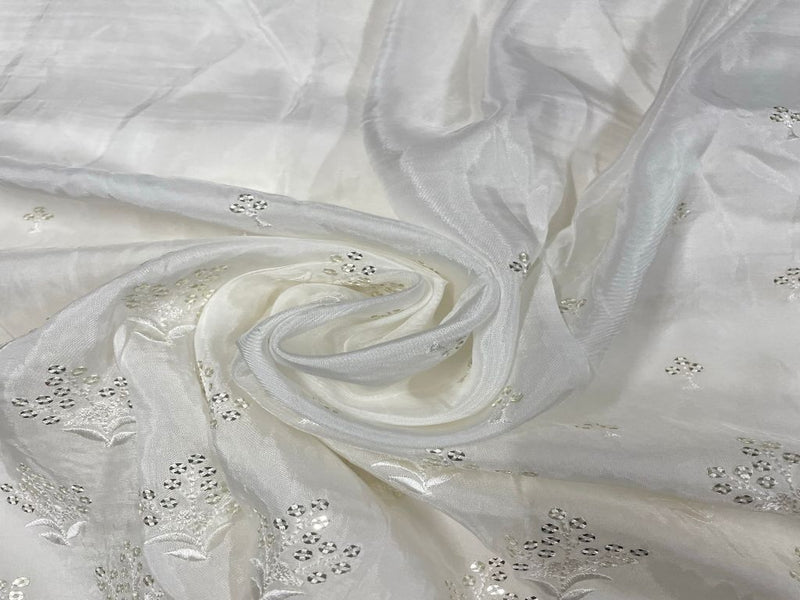 Dyeable Embroidered Upada Silk White Silver Floral