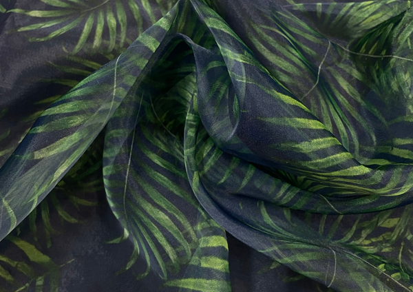 Navy Blue Green Leaves Printed Organza Fabric