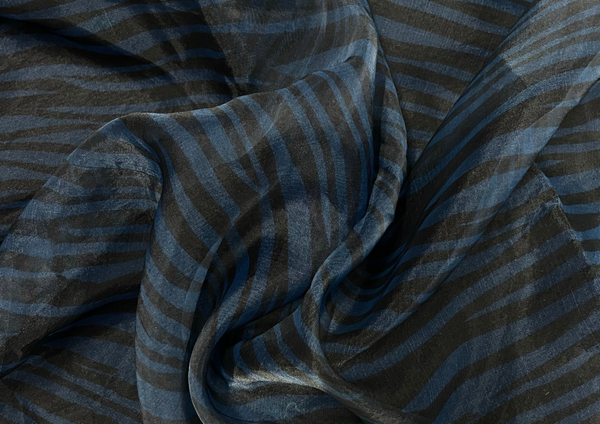 Navy Blue Black Stripes Printed Organza Fabric