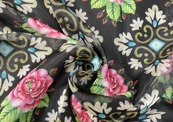 Black Pink Flowers Printed Semi Organza Fabric