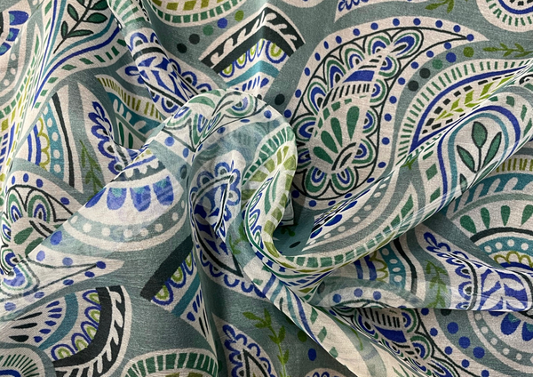 Gray White Blue Paisleys Printed Semi Organza Fabric