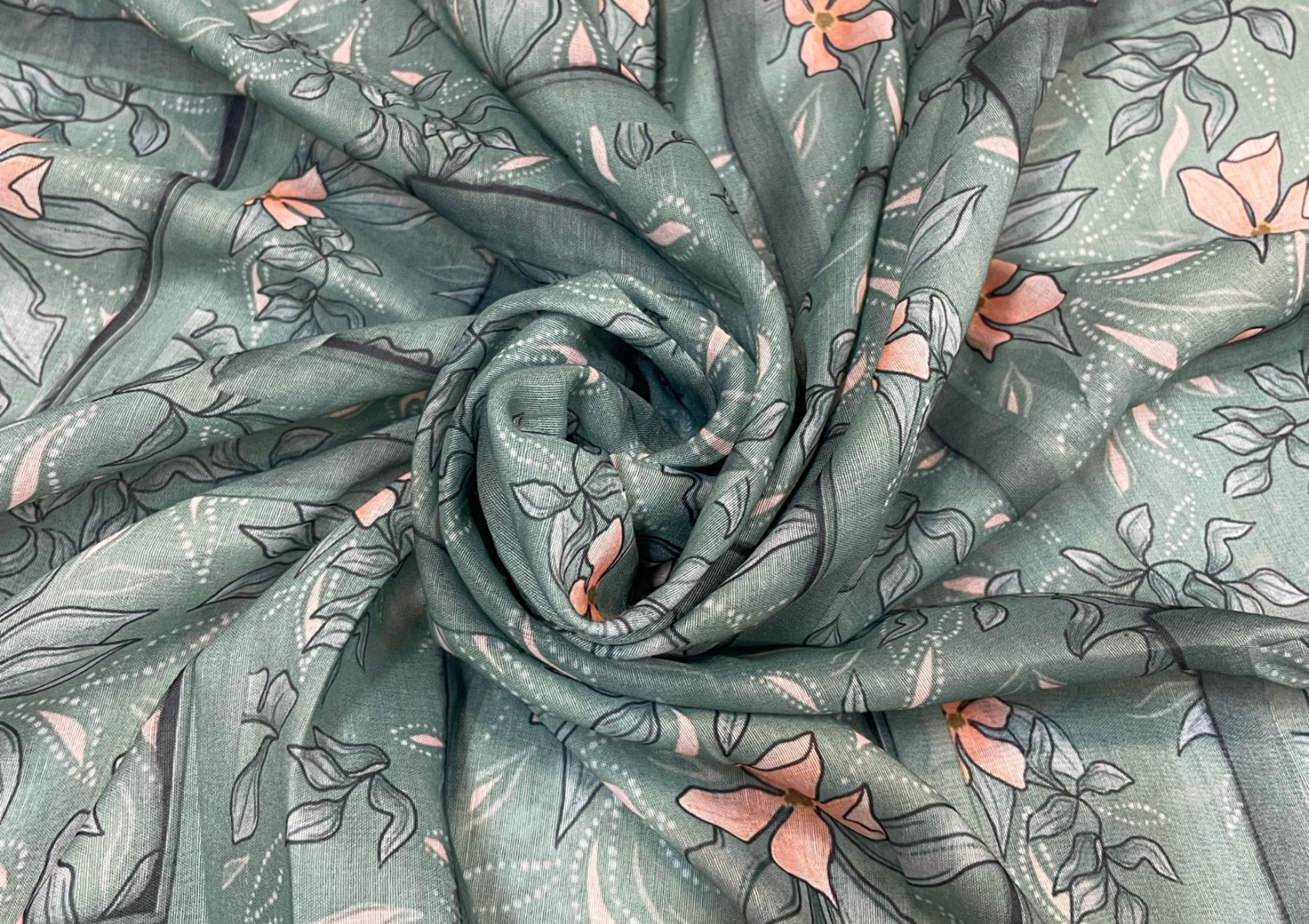 Green Peach Floral Printed Muslin Cotton Fabric