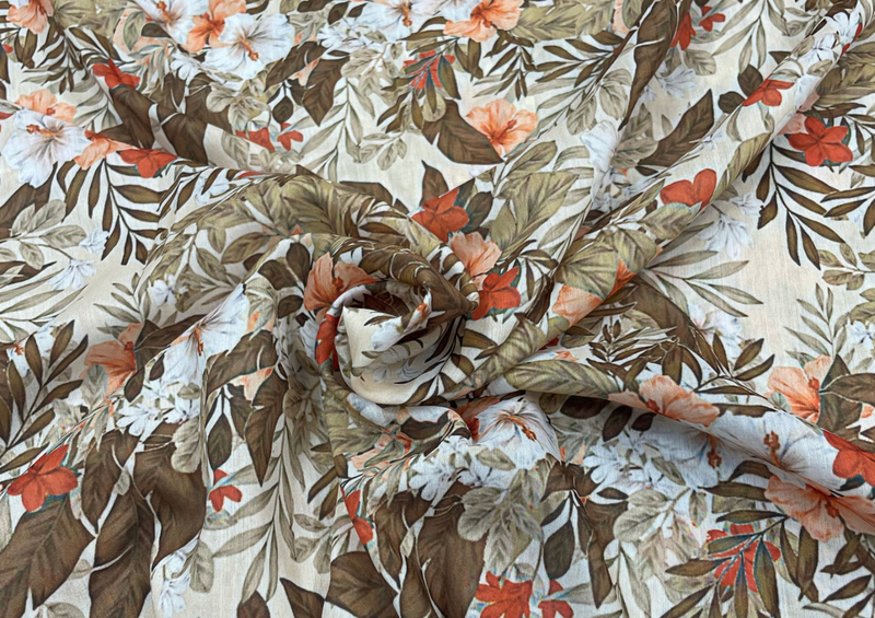 Cream Multicolour Floral Printed Muslin Cotton Fabric