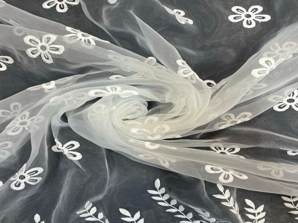 White Floral Dyeable Embroidered Organza Fabric