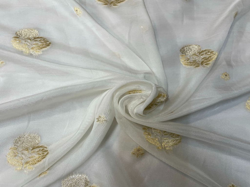 Dyeable Embroidered Organza White Golden Flowers
