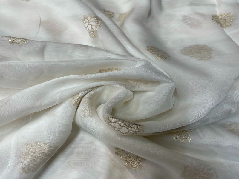 Dyeable Embroidered Organza White Golden Floral Motifs