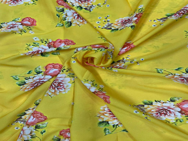 Bright Yellow Pink Flowers Printed Crepe Fabric