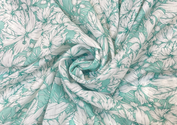 Sea Green & White Floral Printed Muslin Fabric