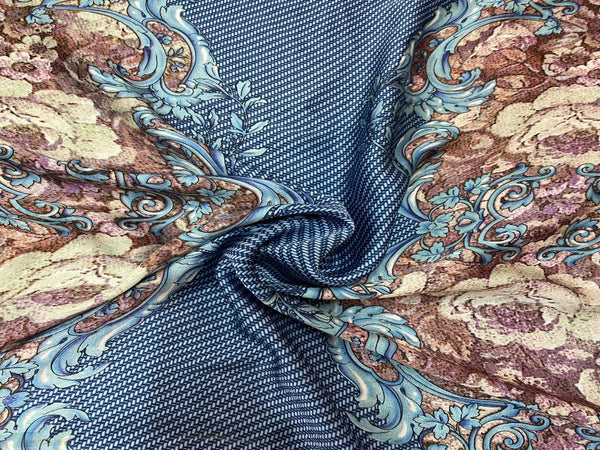 Blue Floral Printed Imported Satin Fabric