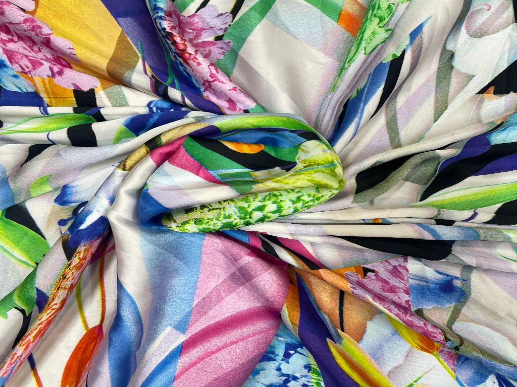 Multicolor Abstract Printed Imported Satin Fabric