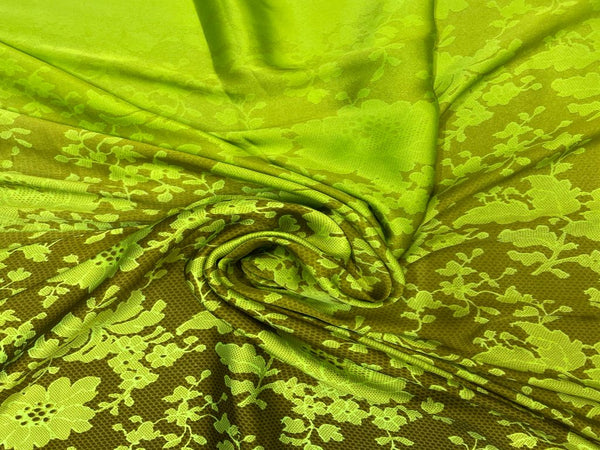 Neon Green Floral Printed Imported Satin Fabric