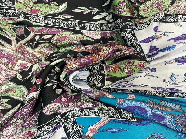 Blue Black Floral Printed Imported Satin Fabric