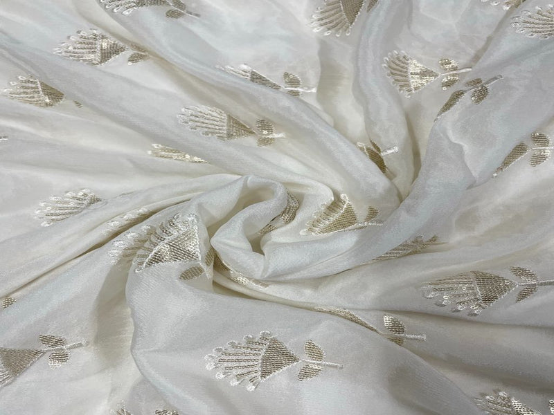 Dyeable Embroidered Chiffon White Floral Motifs