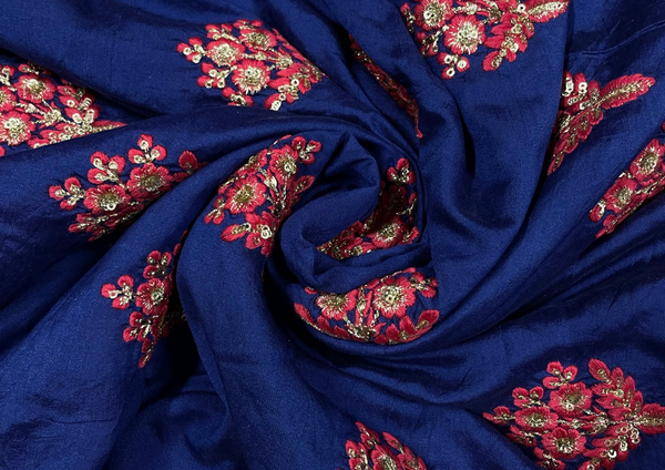 Navy Blue Floral Embroidered Cotton Fabric