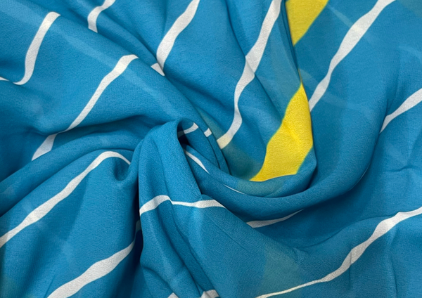 Blue White Yellow Stripes Printed Poly Georgette Fabric