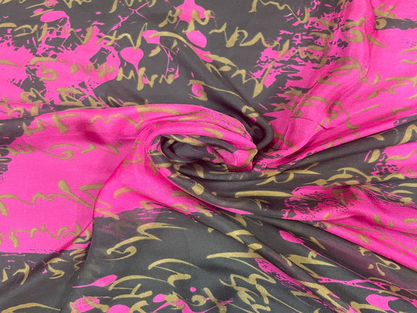 Black & Pink Abstract Printed Chiffon Fabric